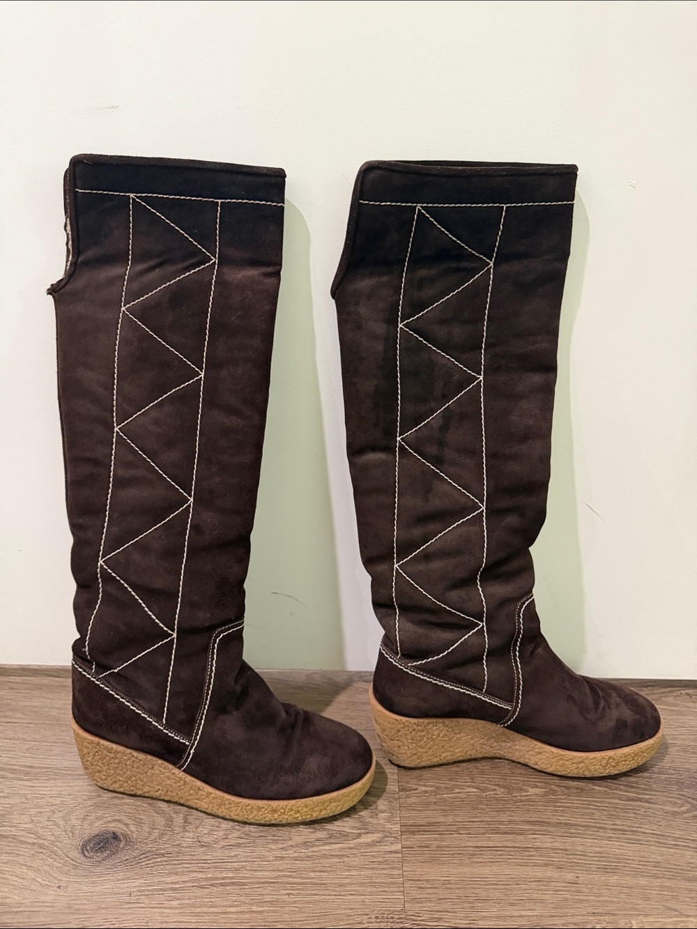 Michael Kors Tall Brown Suede Wedge Boots with Contrast Stitching